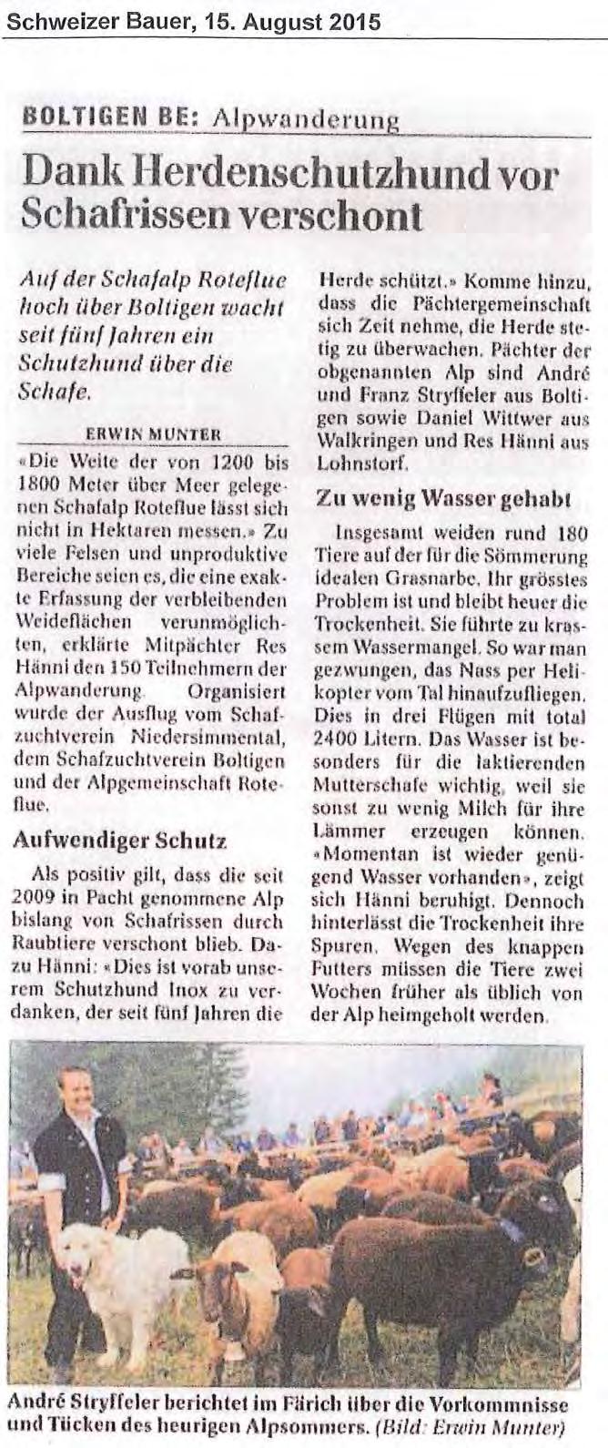 Jahresbericht 215; Jagdinspektorat des Kantons Bern - 56-1.1.3 Artikel im Schweizer Bauer vom 15.