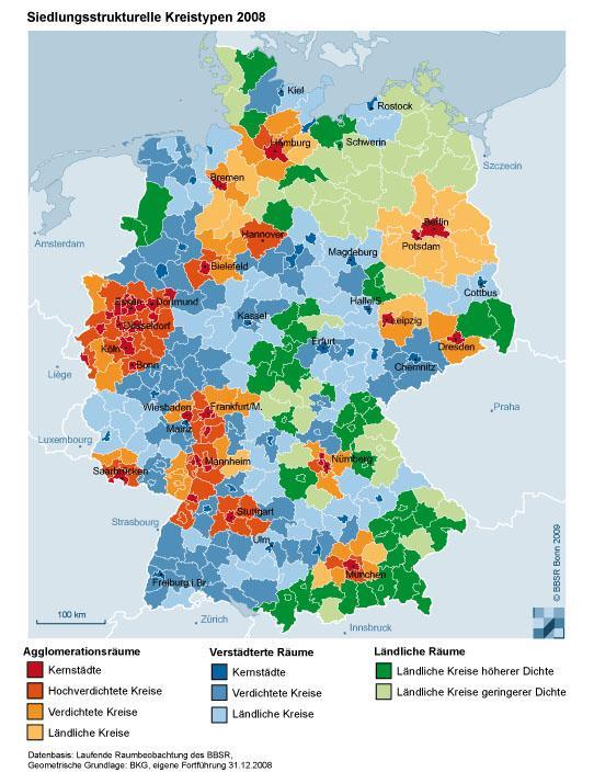 Ländlicher Raum: Unterscheidung nach BBR: verstädterten Räumen (Städte) Agglomerationsräume (Umland) Ländliche Räume Ländlicher Kreis höherer Dichte: