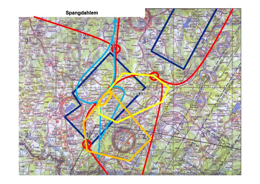 Luftraum Rheinland-Pfalz: USAF AirBase Spangdahlem: Flugrouten rot: Anflüge, blau: