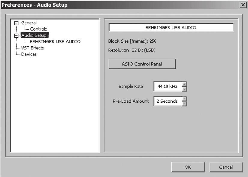 5 Wähle innerhalb der ASIO Sektion BEHRINGER USB AUDIO aus, wie unten gezeigt. Alle übrigen Felder sollten nicht ausgewählt werden. 7 Klicke auf das Fenster ASIO Control.