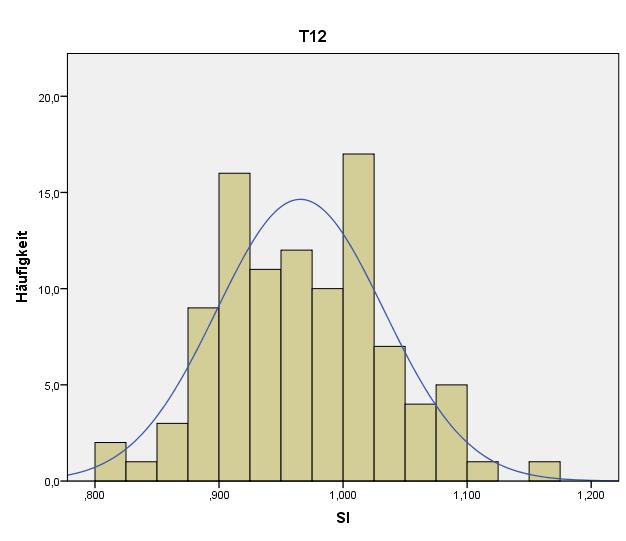 Die Häufigkeiten des SI von T12 sind in Abbildung 24 dargestellt und sind annähernd normalverteilt. Die Anzahl der untersuchten T12-Wirbeln betrug 99.
