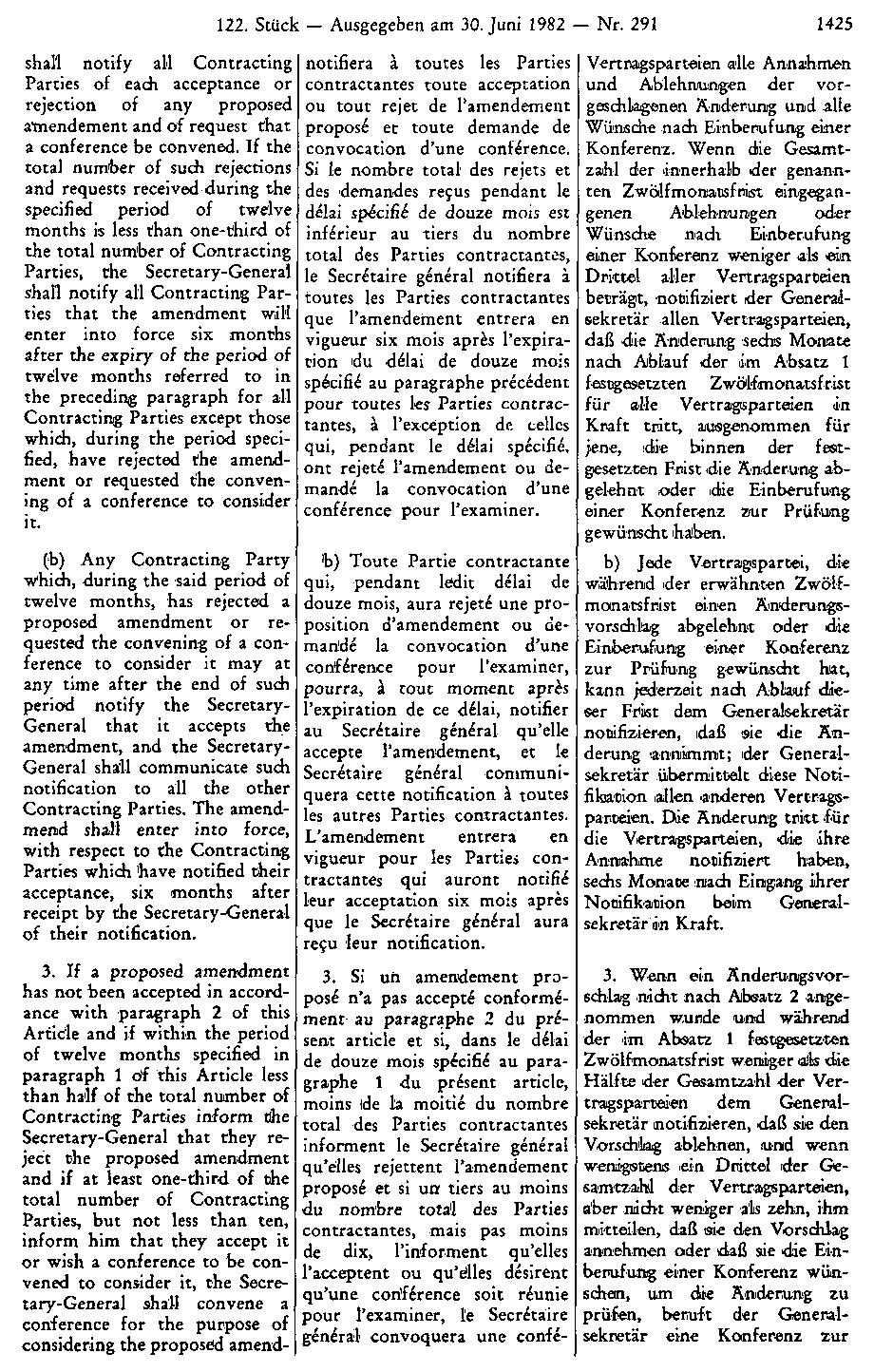 122. Stück Ausgegeben am 30. Juni 1982 Nr. 291 1425 Vertragsparteien alle Annahmen und Ablehnungen der vorgeschlagenen Änderung und alle Wünsche nach Einberufung einer Konferenz.