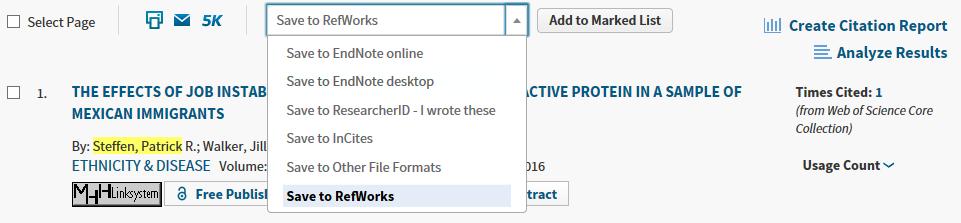 delimited Format gespeichert werden Save to RefWorks ermöglicht Ihnen das Speichern der Ergebnisse im Literaturverwaltungsprogramm RefWorks Add to Marked List verschiebt die von Ihnen getroffene