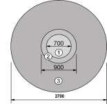 Volumen (1) Schachtabdeckung PKW-befahrbar (2) Konus, Bauhöhe 700 mm (3) Zulauf (DN 100), (4) Ablauf (DN