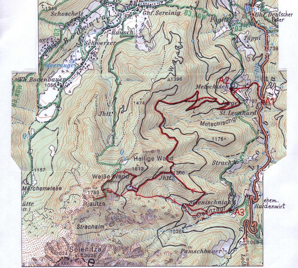 Skitour Rjautza (Braune Wand, Rjavica), 1789 m aus dem Loibltal (Brodi) Karawanken - Hochstuhl-Gruppe 1: 23 170 Legende (ÖK): rote Linie = Skitour; roter Pfeil = empfohlene Richtung; roter Punkt =