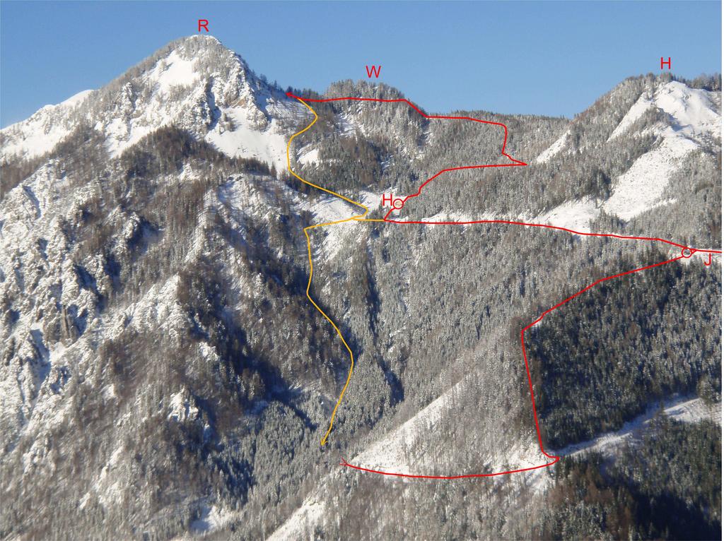 Übersicht über verschiedene Skirouten auf der Loibltal-Seite der Rjautza rote Linie: Aufstieg (und Abfahrt) orange Linie: nur Abfahrt R: Rjautza (Rjavica) W: Weiße Wand