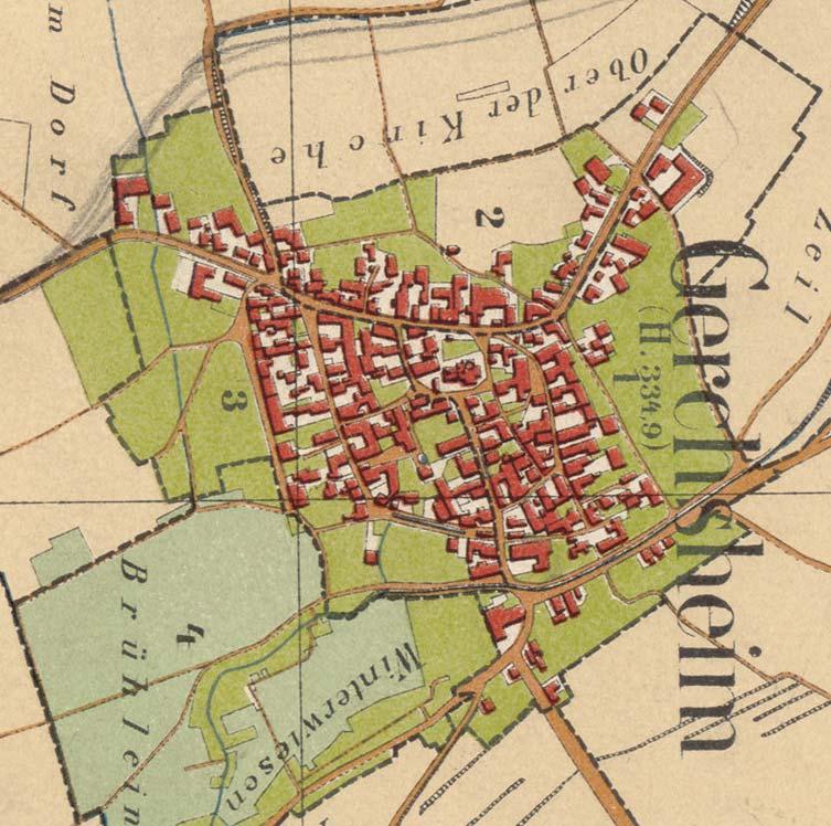 Übersichtskarte von 1903 Historische Bauten und Räume Der alte Ortsgrundriss von Gerchsheim ist in weiten Teilen bis heute unverändert überliefert.