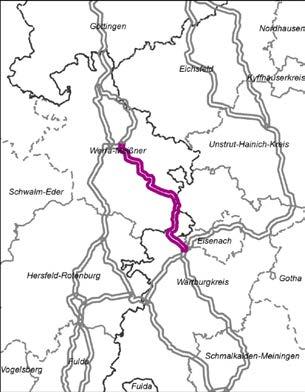 Weidenhausen in südöstliche Richtung bis Unterellen, dabei östlich vorbei an Wehretal, Datterode, Netra und Lüderbach sowie westlich vorbei