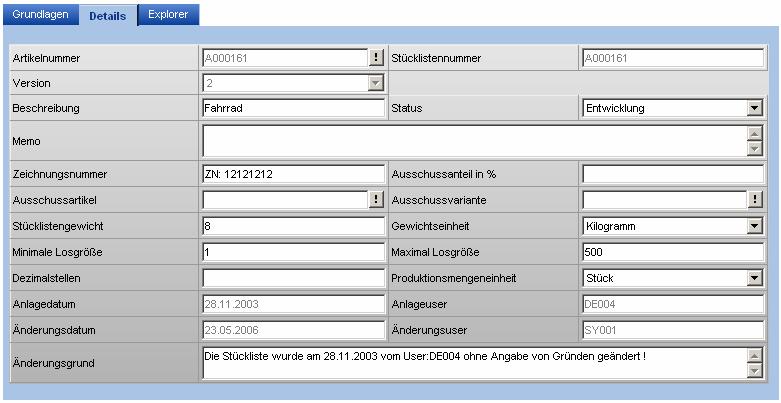 In den Stücklistendetails werden Informationen wie Beschreibung, Status, Memo, Zeichnungsnummer,