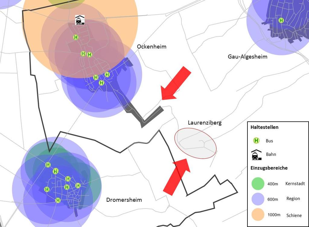 Ergebnisse der Schwachstellenanalyse Abbildung 4: Einzugsbereiche mit den Erschließungsmängeln Ockenheim und Laurenziberg 4.