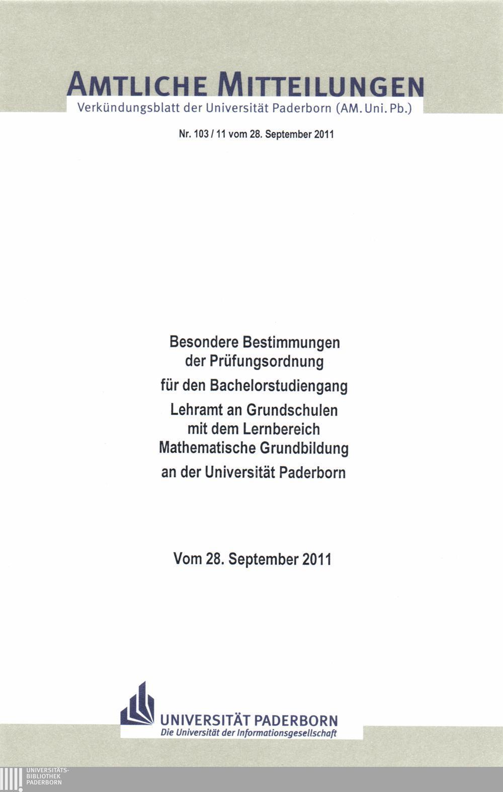Amtliche Mitteilungen Verkündungsblatt der Universität Paderborn (AM. Uni. Pb.) Nr. 103 /11 vom 28.