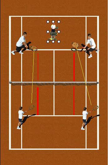 Variation: die Spieler versuchen den Ball cross im selben Rhythmus zu spielen, so dass die Bälle sich im