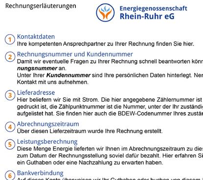 Rechnungserläuterungen Energiegenossenschaft Rhein-Ruhr eg Auf den folgenden Seiten haben wir für Sie eine Musterrechnung erstellt, die Ihnen helfen soll, Ihre Rechnung besser zu verstehen.