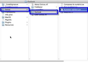 Beispiel: Einbindung des Outlook AppleScripts "Nummer wählen/cw" Über den Extras-Ordner erhalten Sie Zugriff auf das AppleScript "Nummer wählen/cw".