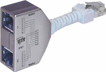 paarweise: ein Adapter an der Anschlussdose, ein Adapter am Verteiler Geschirmter Adapter mit Übertragungseigenschaften der Klasse D im Link gemäß IEC 11801 und EN 50173-1 15 cm Anschlussleitung BTR