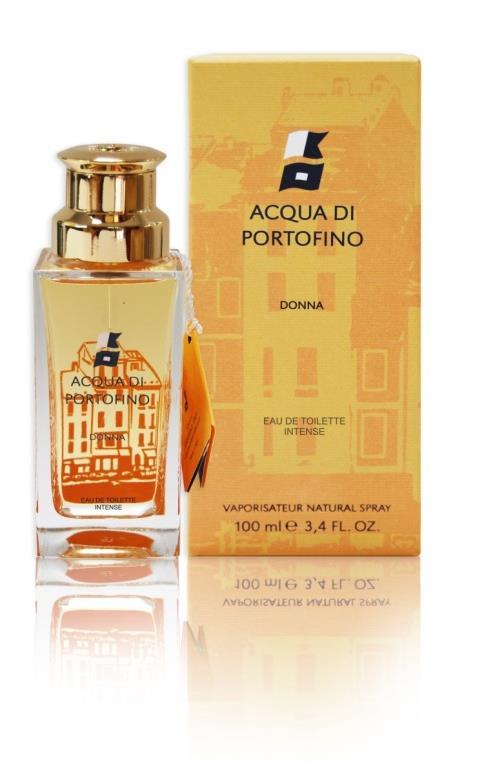 Die Verpackung repräsentiert die Häuser mit Blick auf den Hafen von Portofino in leuchtenden Gelb- und Orangetönen.