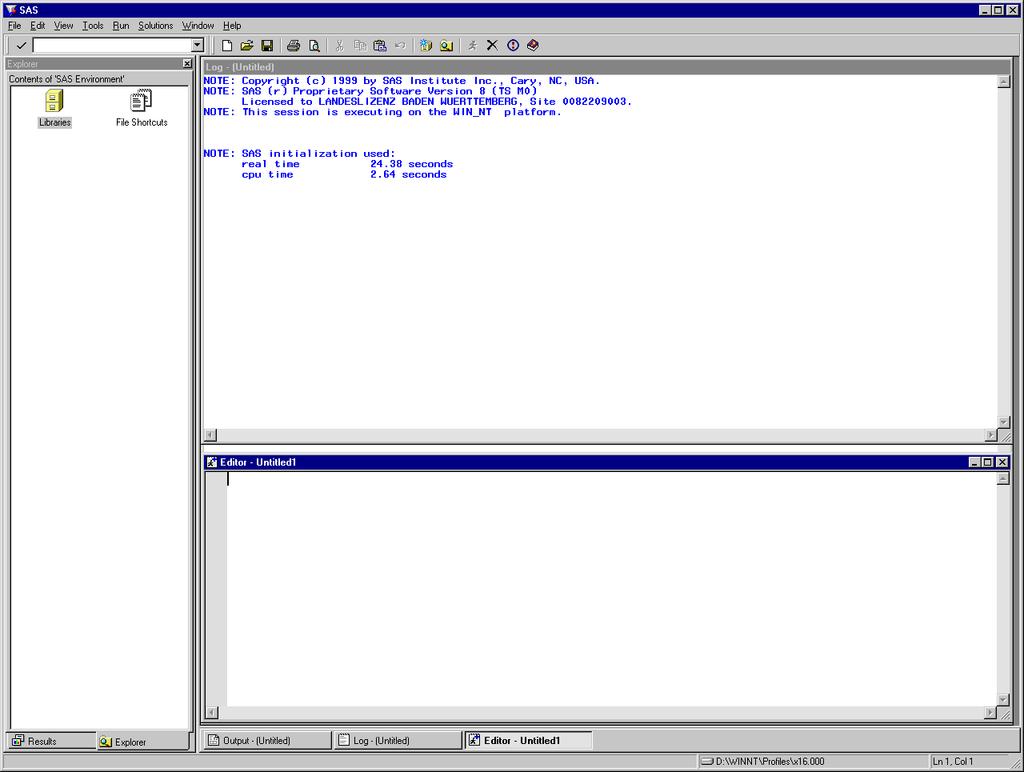 SAS starten Start Studentische Benutzer SAS V8 Beenden File Exit Kommandozeile Menü und Tools SAS- Explorer Log / Protokoll Output / Ausgabe Editor Offene Fenster SAS Folder Die Menüleiste 10 File: