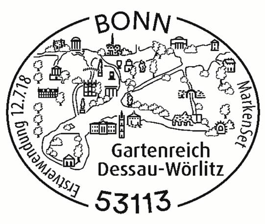 2. ERSTVERWENDUNGSSTEMPEL Markenset Gartenreich Dessau-Wörlitz mit 10 selbstklebenden Sonderpostwertzeichen Zur Freimachung von Postkarten national gibt die Deutsche Post AG das neue selbstklebende