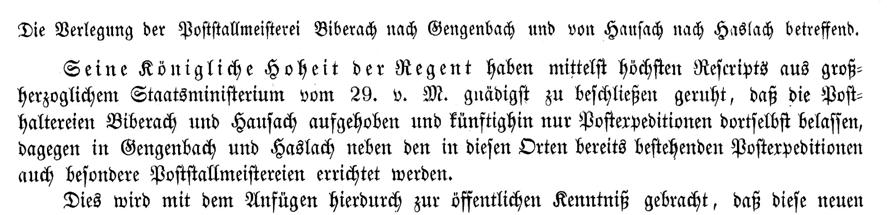 1773-1797: In Biberach bestand eine Kaiserliche Reichspostanstalt der Thurn und Taxis unter Posthalter Armbruster. (Münzberg) 01.04.1829: Die seit 1805 (lt.