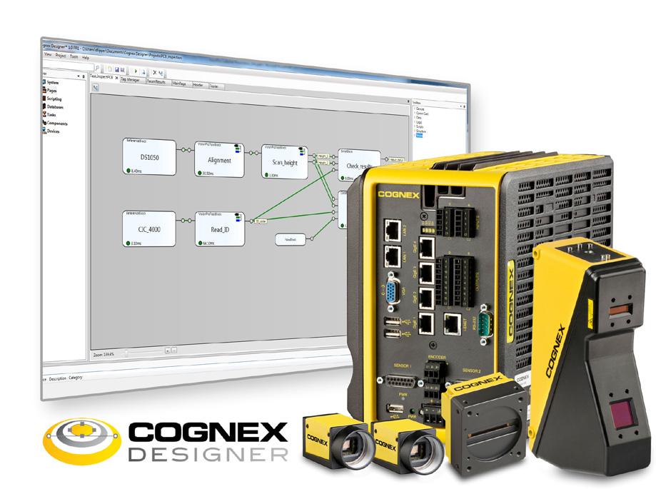 Anschluss an das Werksnetz. Dazu verfügt Cognex Designer über die umfassende, industrieerprobte VisionPro Bibliothek mit Tools zum Ausrichten, Prüfen und Identifizieren.