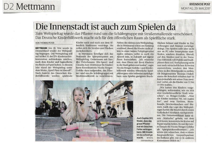 Rheinische Post, 29. Mai 2017 Autor: Thomas Peter Quelle: http://www.rp-online.de/nrw/staedte/mettmann/die-innenstadt-ist-auch-zumspielen-da-aid-1.6848652 Neunkirchen Saarbrücker Zeitung, 02.