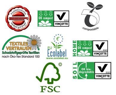 Mit allen Zertifikaten EU Ecolabel Öko-Tex Standard 100 Compostable - Din Certco - Seedling logo OK compost - Vincotte OK compost HOME - Vincotte OK biodegradable