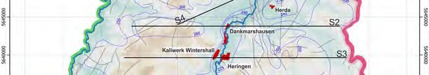 M. Sauter, T. Lange & B. Wiegand Seite 48 die Abstrom /Entlastungsbereiche Werra und Fulda und bildet die Topographie und damit das kleinskalige Gewässernetz nach.
