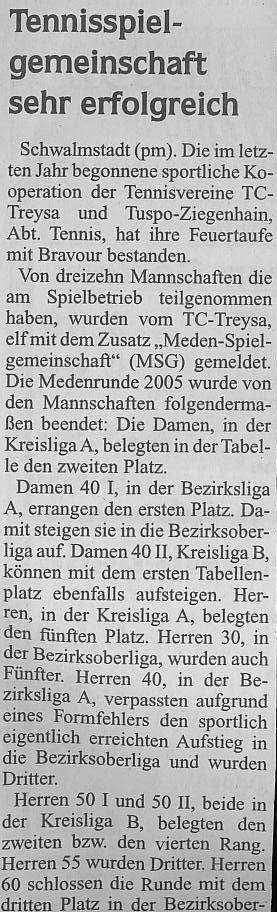 TuSpo Ziegenhain Abt. Tennis Presseartikel von 2000-2007 (Archiv) 8 MAZ - 31. 08. 2005 liga ab.