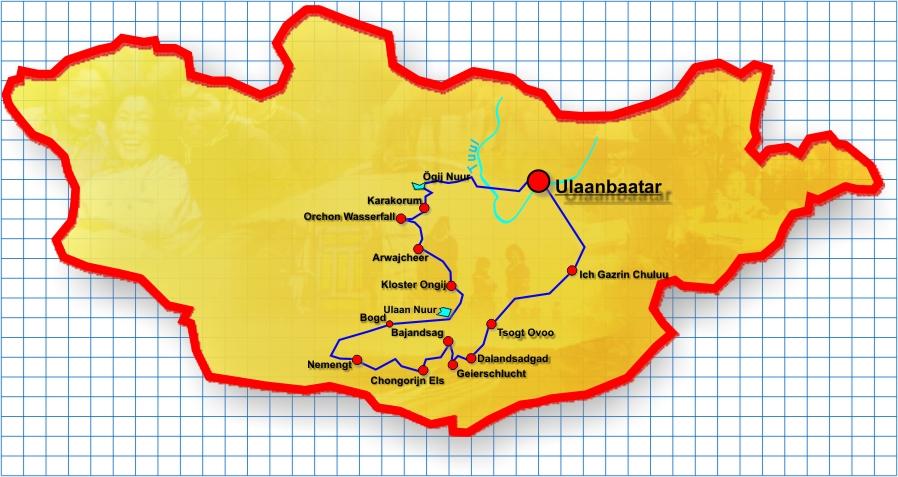 Archhangai Gebirge. Die Piste wird jetzt eng und felsig. In einem der Täler werden wir dann übernachten. 17. Tag Durch sehr schöne Orchontal geht es heute zum Ulaangoll Wasserfall.