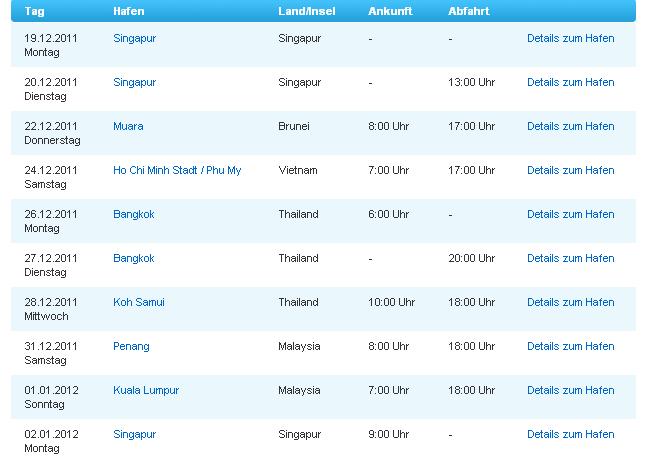 Ihr Reiseablauf mit AIDAdiva ab/bis Singapur: AIDA Kreuzfahrt als Pauschalreise diese Leistungen dürfen sie beim An-und Abreisepaket erwarten: Hin- und Rückflüge ab/bis Frankfurt Transfers