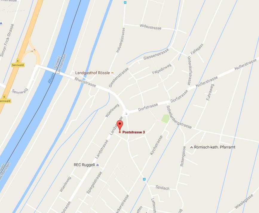 C. Situationsplan (Auszug aus Google Maps, 14.09.2016) Unser Geschäftsgebäude, welches direkt mit dem Rathaus zusammenhängt, befindet sich im Dorfkern von Ruggell.