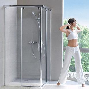 Duschanlage aus Echtglas Wir installieren für Sie eine so flach wie mögliche 5-Eck-Dusche, ca 90 x 90 cm mit Eckablauf, mit Unterputzarmatur der Firma Hans Grohe, Modell Talis mit Brausestange und