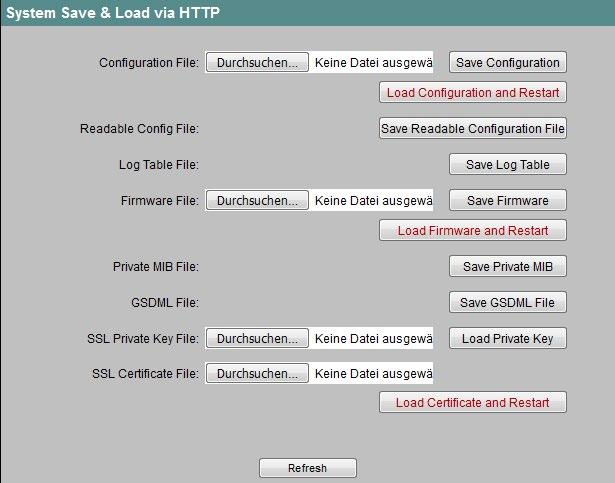 4.2 Das Menü System 4.2.4 System Save & Load via HTTP System Save & Load HTTP Das WBM bietet die Möglichkeit, Konfigurationsinformationen in einer externen Datei auf Ihrem Client-PC zu speichern bzw.