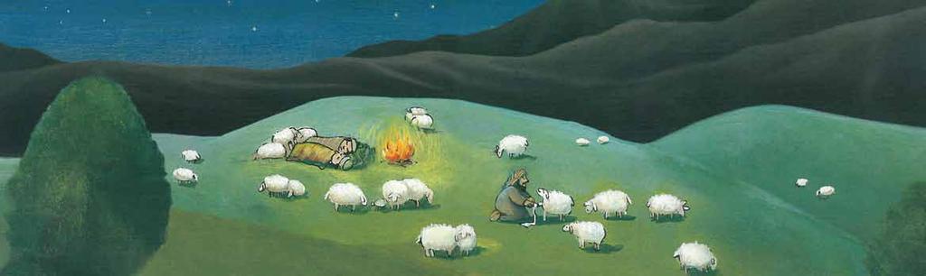 Draußen auf dem Feld sind Hirten. Sie passen in der Nacht auf ihre Schafe auf. Plötzlich steht ein Engel bei ihnen. Er leuchtet ganz hell. Die Hirten erschrecken. Sie haben große Angst.