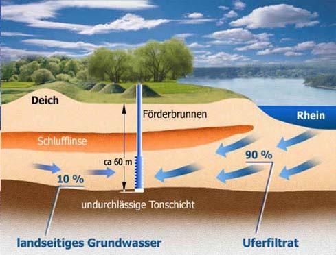 Seite 10 Art der Wassergewinnung - Uferfiltrat Uferfiltrat setzt sich aus einem geringen Teil des Flusswassers und landseitigem Grundwasser zusammen.