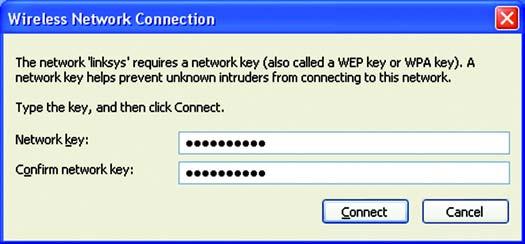 4. Wenn in Ihrem Netzwerk die Wireless-Sicherheitsfunktion WEP verwendet wird, geben Sie den WEP- Schlüssel in die Felder Network Key (Netzwerkschlüssel) und Confirm network key (Netzwerkschlüssel
