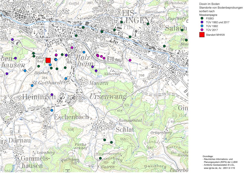 Abbildung 1: Übersichtskarte zur allgemeinen Datenlage zu Dioxin im Boden des Landkreises Göppingen :