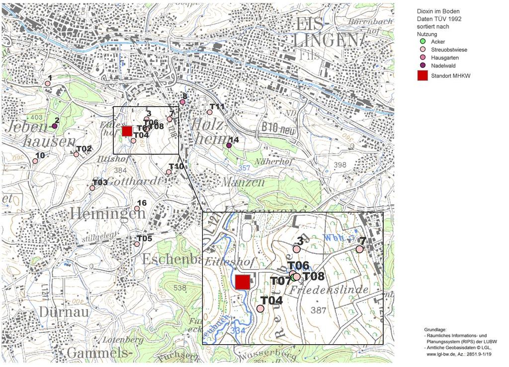 Abbildung 4: Übersichtskarte zur Messkampagne des TÜV Südwest von 1992: Nummerierung für Standorte, die nur 1992