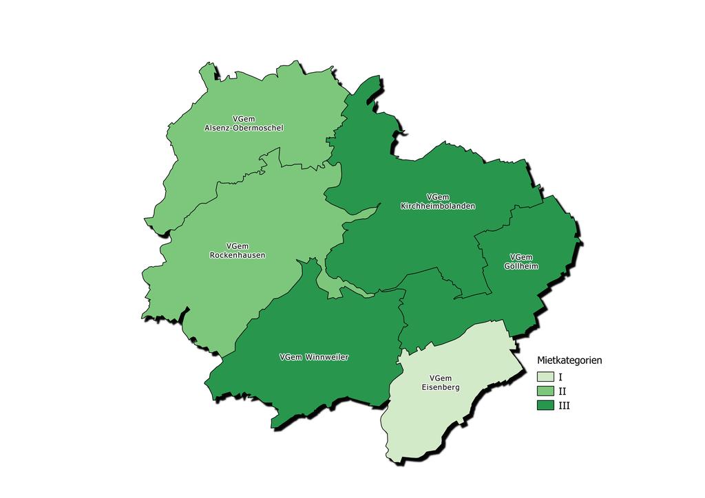 - 18 - Die Verbandsgemeinden Kirchheimbolanden, Göllheim und Winnweiler bilden die Mietkategorie III, welche gekennzeichnet ist durch ein deutlich überdurchschnittliches Pro-Kopf-Einkommen, eine