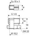 Zubehör / Unterputz-Ventile Produktgruppe 74 Klemmringverschraubung DN 15 Mit G 1/2 AG und Stützhülse Zum Anschluss von Kupferrohr 15 mm an alle SCHELL Heizkörperarmaturen mit G 1/2 IG Werkstoff: