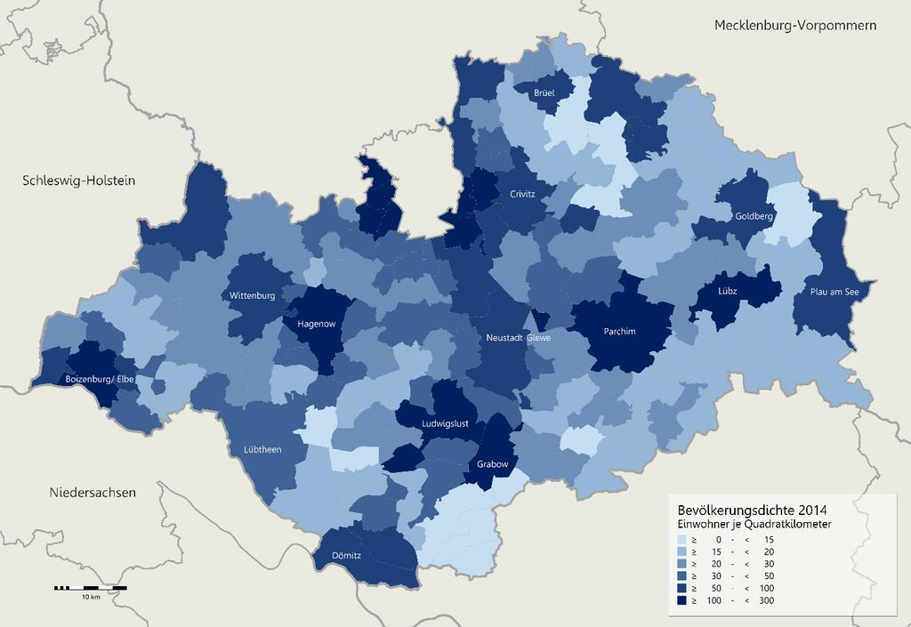 Bevölkerungsdichte in den Gemeinden LUPs 2014 Insgesamt weist LUP eine sehr niedrige Bevölkerungsdichte auf.