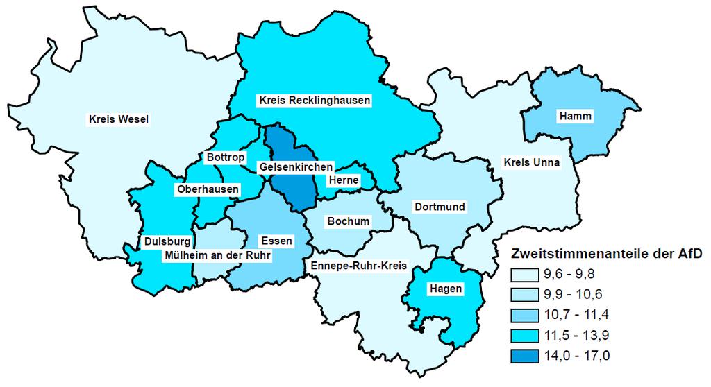 Städte- und Regionalvergleich Bundestagswahl 2017 Grafik 19: AfD Stimmenanteile an den Zweitstimmen bei der Bundestagswahl 2017 Städte und Regionalvergleich Zweitstimmenergebnis der AFD Differenz zur