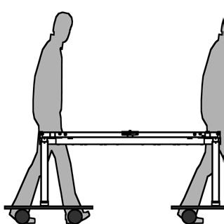 Arbeitstischplatte zu Zweit, gleichzeitig und parallel zu Arbeitstischkonsole anheben Arbeitstischplatte vorsichtig transportieren Arbeitstischgestell zu Zweit, an Arbeitstischkonsole anheben und