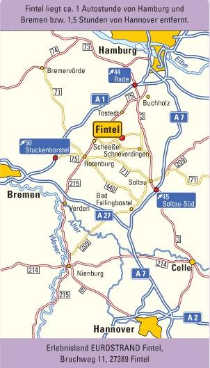 Ihre Wegbeschreibung zum EUROSRAND Fintel Aus Richtung Bremen kommend, verlassen Sie die A 1 an der Ausfahrt 50 in Stuckenborstel, biegen dort rechts ab auf die B 75 in Richtung Rotenburg/Wümme und