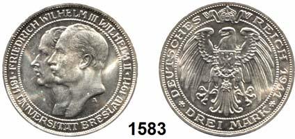 Preußen Wilhelm II. 1888-1918 1582 108 3 Mark 1911 Uni Breslau... vz-prfr 55,- 1583 108 3 Mark 1911 Uni Breslau... f.