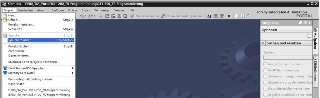 fi Das geöffnete Projekt speichern Sie unter dem Namen