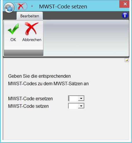 Wählen Sie die Funktion EXTRAS -> MEHRWERTSTEUERCODES TAUSCHEN. 3. Im folgenden Fenster tragen Sie unter MWST-Code ersetzen den zu ersetzenden Code ein.
