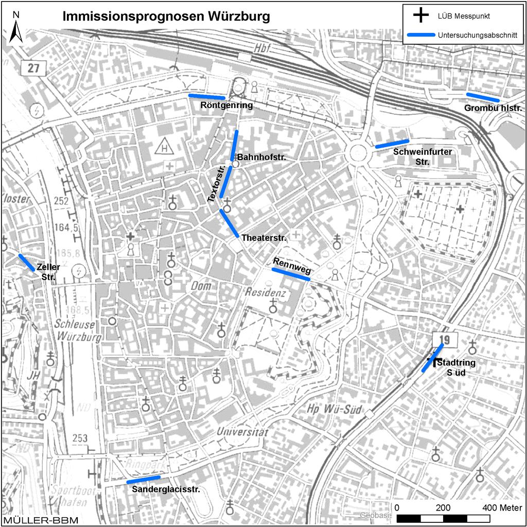 S:\M\Proj\124\M124786\M124786_04_BER_3D.DOCX:16. 08. 2016 Abbildung 2. Lage der untersuchten Straßenabschnitte im Stadtgebiet Würzburg. 3.
