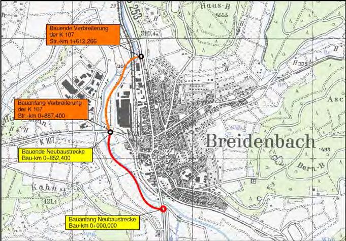 6.2.3 Angaben zu vorhandenen Planungen Im Verlauf der B 253 ist eine Ortsumgehung von Breidenbach mit einer Länge von 1,65 km geplant. Die Ortsumgehung beginnt ca.