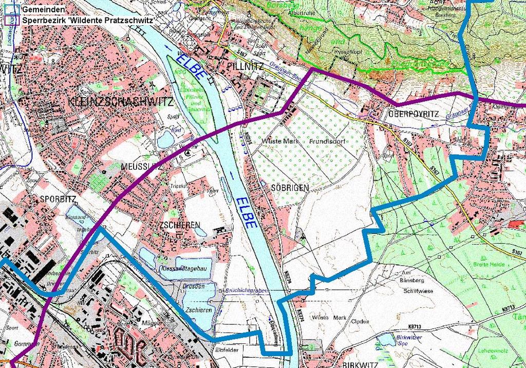 - 2 - Abbildung 1: Sperrbezirk: die violette Linie entspricht der Sperrbezirksgrenze, die blaue Linie entspricht der Grenze zwischen den Gebieten der Landeshauptstadt Dresden und dem Landkreis